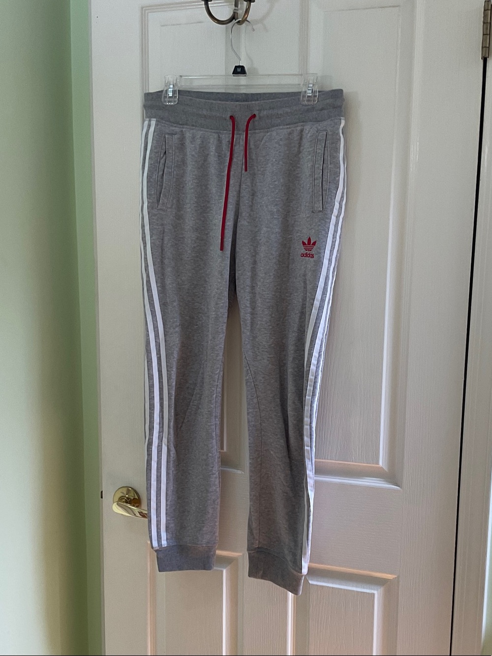 adidas Gray Joggers with White 3-Stripes and Red Accents